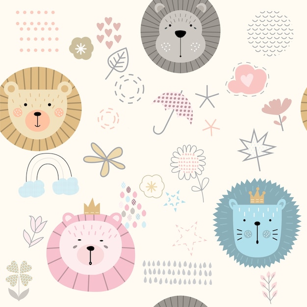 Cute lion seamless pattern