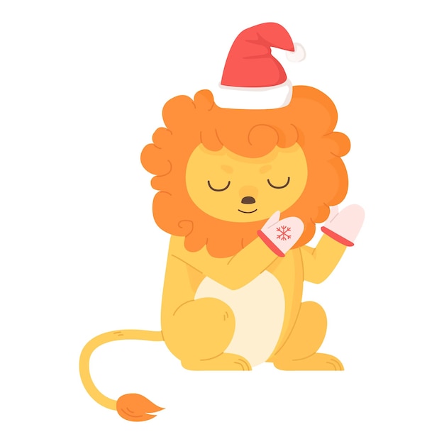 Cute lion sit with Christmas hat and warm gloves