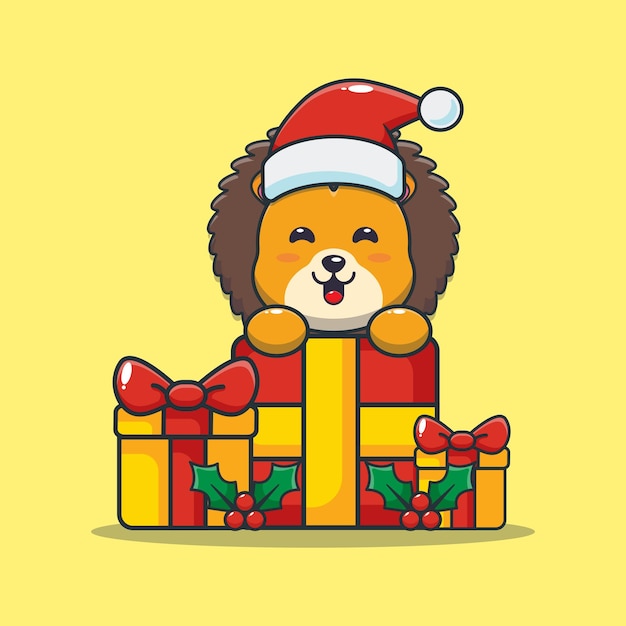 Cute lion with christmas gift Cute christmas cartoon illustration