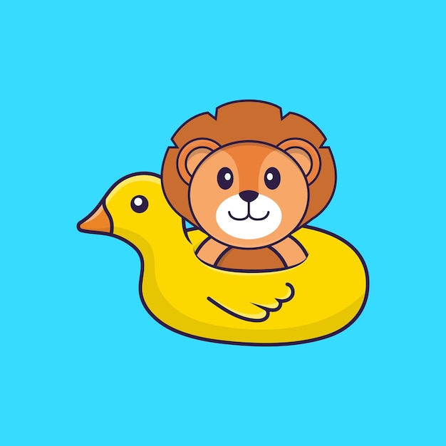 Cute lion With Duck buoy Animal cartoon concept isolated