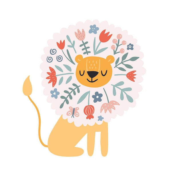 Cute lion with flowers. Modern vector illustration. Jungle life clipart. Vector illustration.