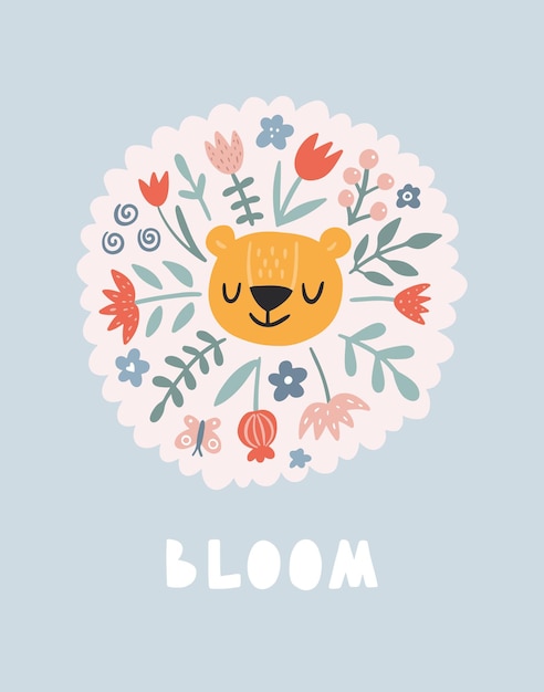 Cute lion with flowers. Modern vector illustration. Jungle life clipart. Vector illustration