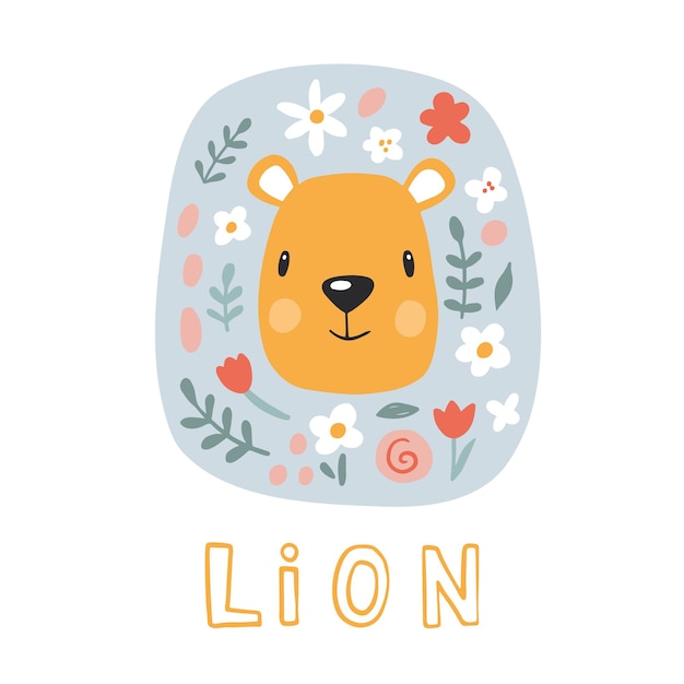 Cute lion with flowers. Modern vector illustration. Jungle life clipart. Vector illustration.