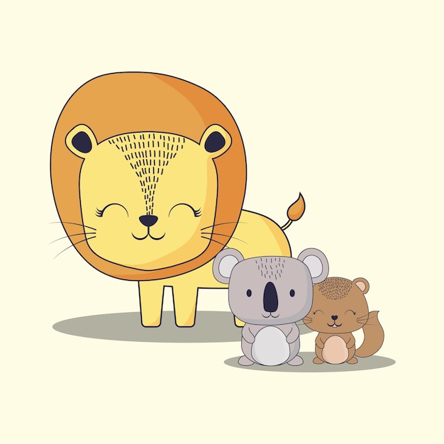 cute lion with koala and squirrel