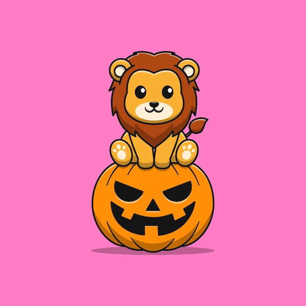 Cute lion with pumpkin cartoon illustration