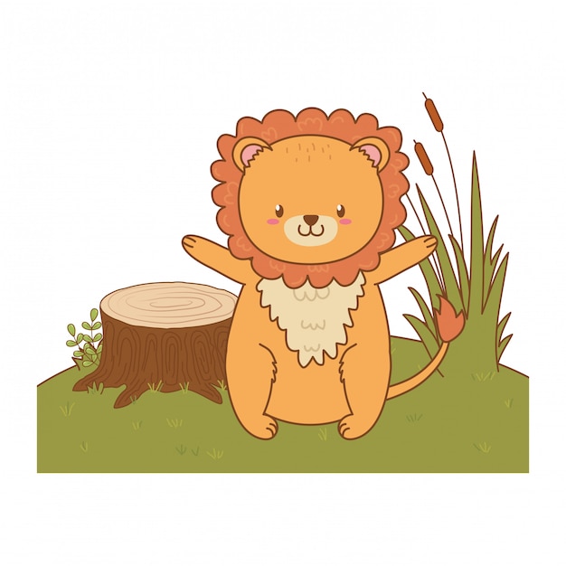 Cute lion woodland in the field character