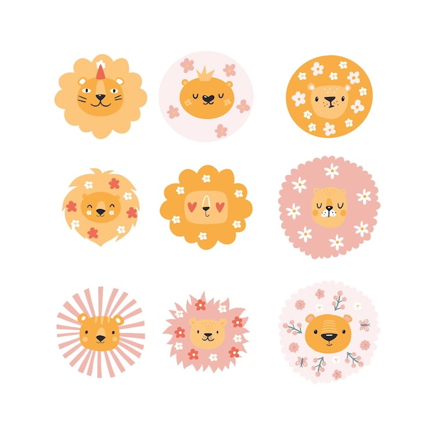 Cute lions with floral elements. Modern vector illustration. Jungle life clipart.