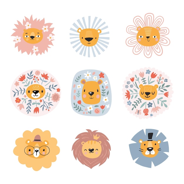 Cute lions with floral elements. Modern vector illustration. Jungle life clipart.