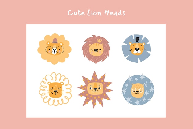 Cute lions with floral elements. Modern vector illustration. Jungle life clipart