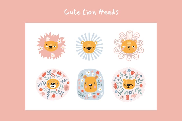 Cute lions with floral elements. Modern vector illustration. Jungle life clipart