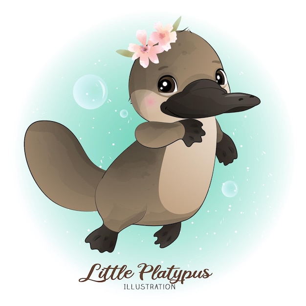 Cute Litter Platypus with watercolor illustration