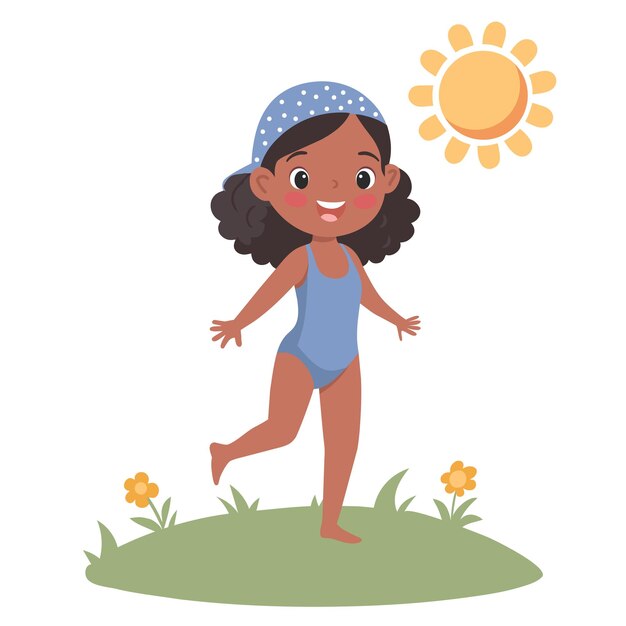 Vector cute little african american girl in swimsuit and hat running in the meadow vector illustration