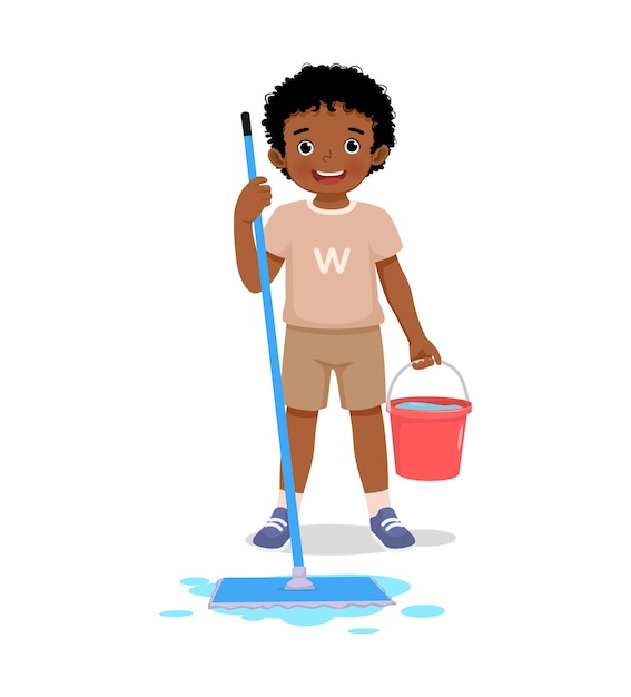 cute little African boy holding mop and bucket cleaning floor doing housework chore