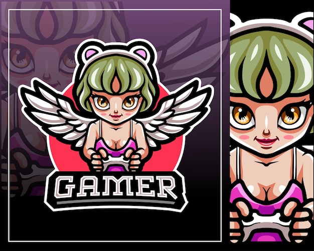 cute little angel mascot is playing a game esport logo design