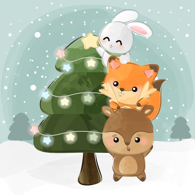 cute little animals and christmas tree