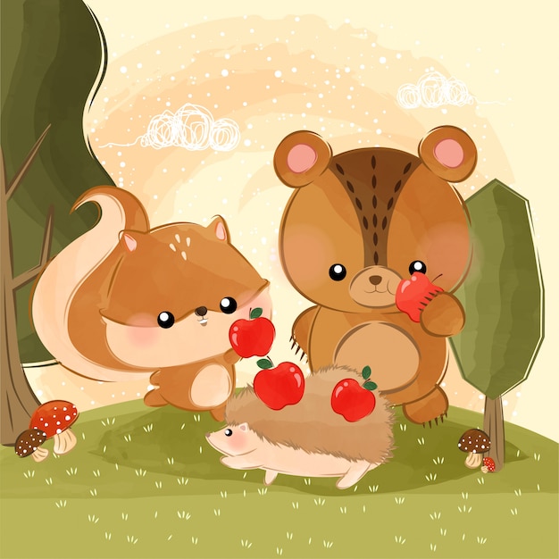 cute little animals eats apples