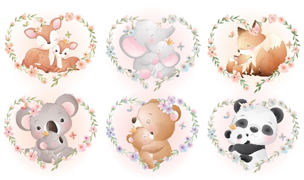 Cute little animals with floral wreath for mothers day collection