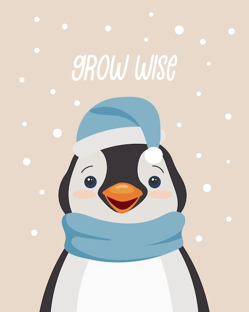 Cute little arctic animal little penguin in a scarf and hat and motivational text Kawaii poster