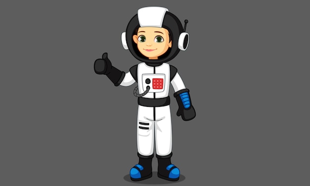 Cute little astronaut girl showing thumb 