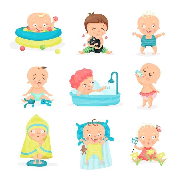 Cute little babies in different situations set. Happy smiling little boys and girls   illustrations