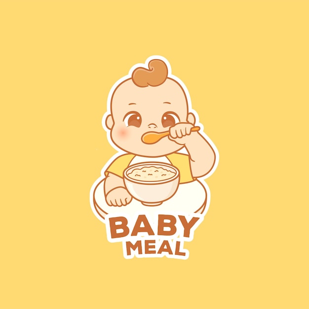 Cute little baby boy eat porridge in bowl with spoon baby food logo