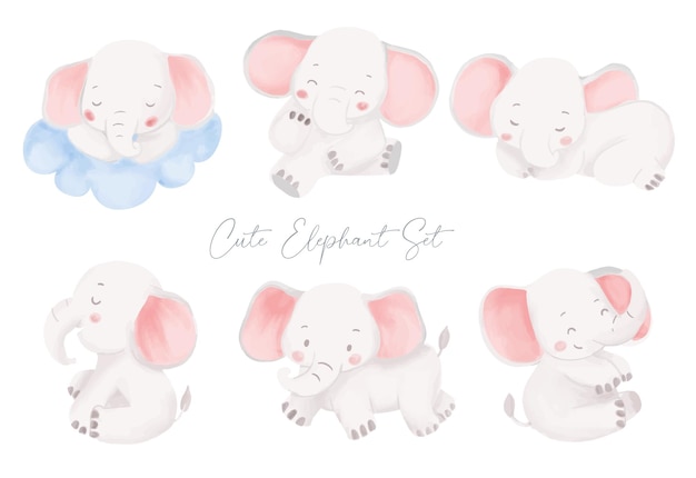 Cute Little Baby Elephant watercolor hand drawing illustration Isolated children safari animal set