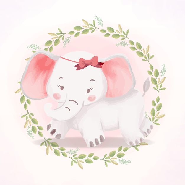 Cute Little Baby Elephant with circle wreath Watercolor animal with ribbon illustration