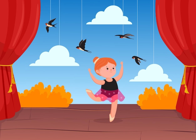 Cute little ballerina dancing on stage with decorations. Cartoon illustration