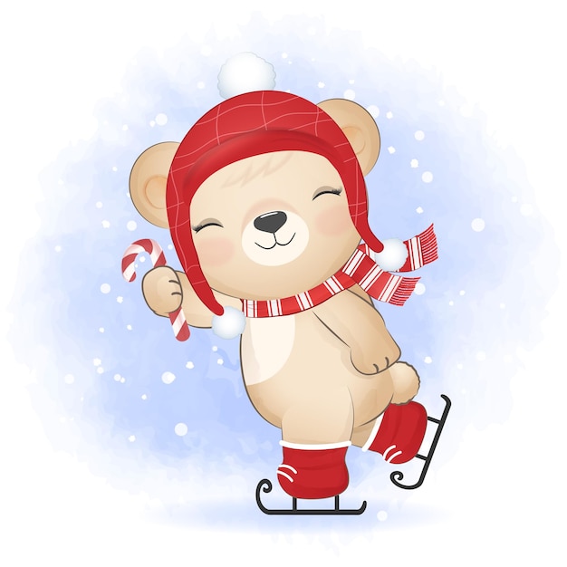 Cute little bear and candy cane on ice skates Christmas season illustration