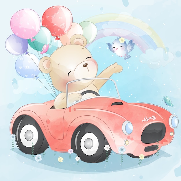 Cute little bear driving a car