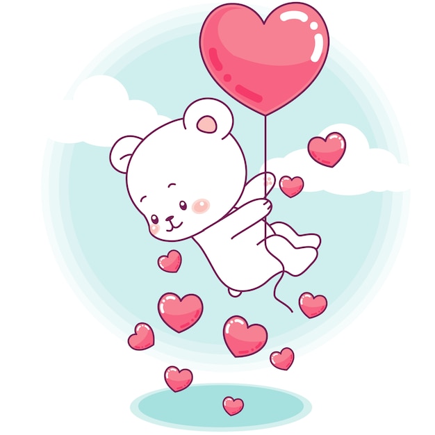 Cute little bear flies with a heart balloon