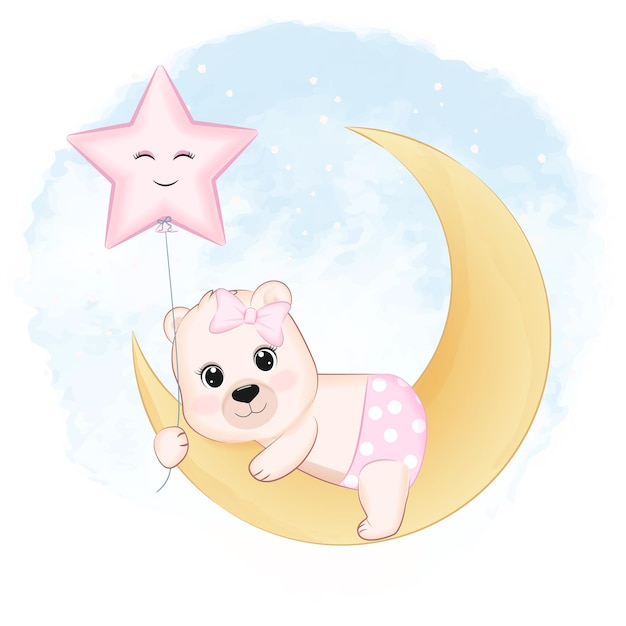 Cute little Bear on the moon animal cartoon illustration