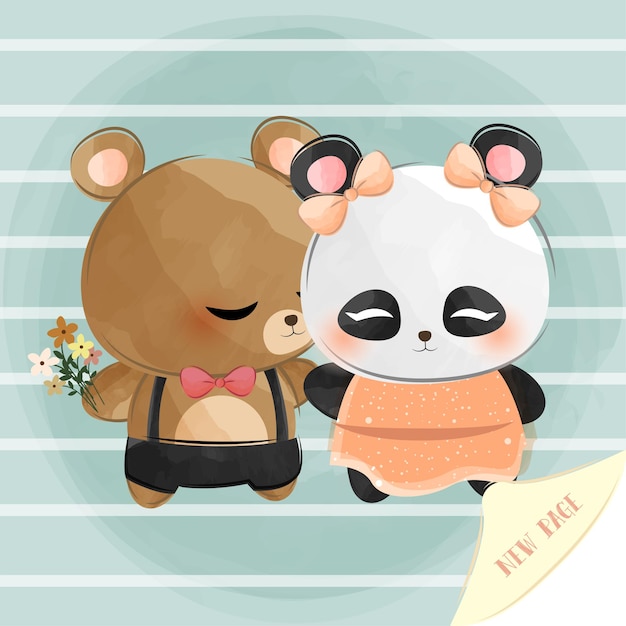 cute little bear and panda with a new page