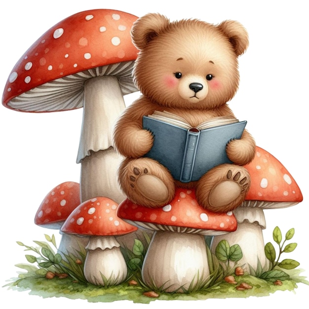 cute little bear Reading a book on the back of a mushroom