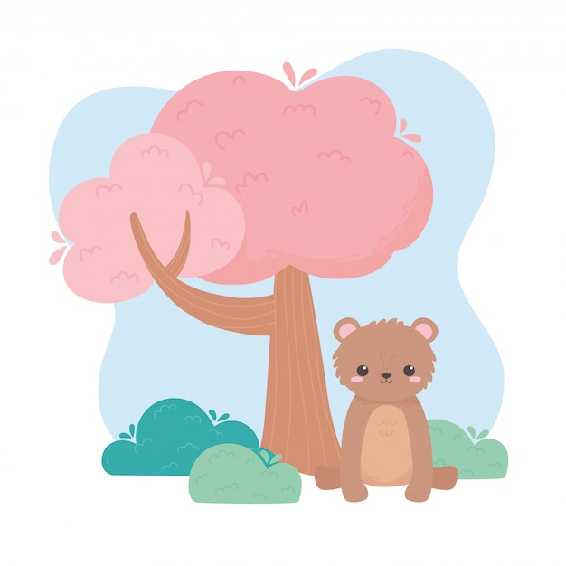 Cute little bear sitting tree cartoon animals in a natural landscape vector illustration