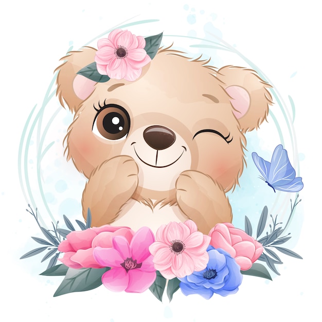 Cute little bear with floral illustration