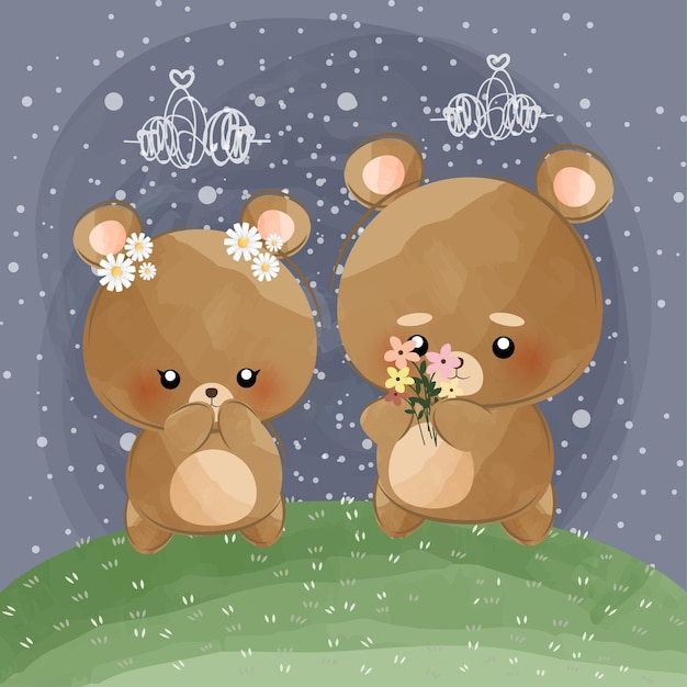 cute little bears in the night holding flowers