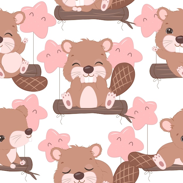 Cute little beaver seamless pattern