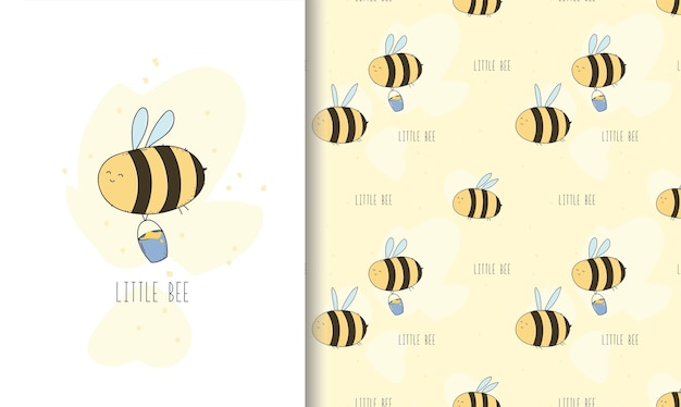 Cute little bee greeting card and seamless pattern.