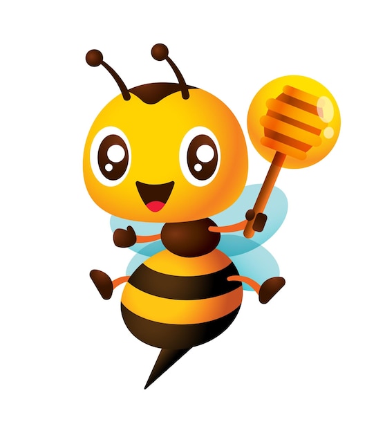 Cute little bee holding honey dipper cartoon vector illustration