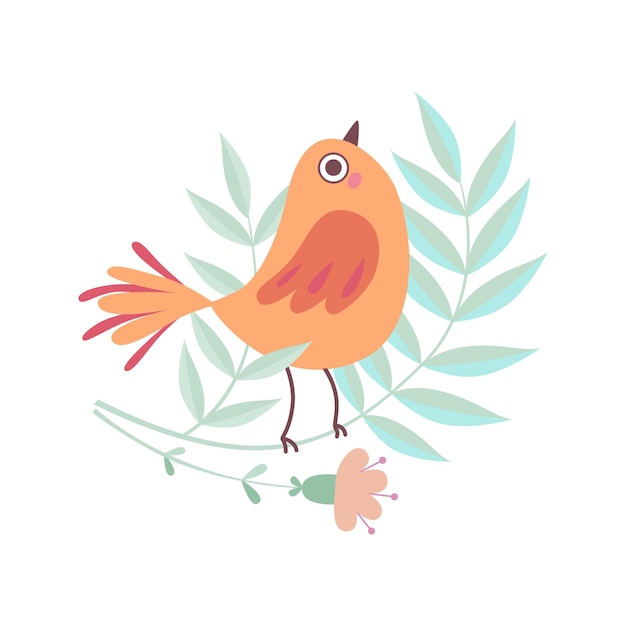 Cute Little Bird Sitting on Tree Branch Adorable Symbol of Spring Vector Illustration on White Background