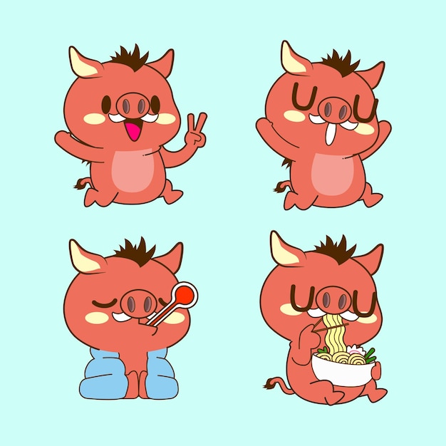 Cute little boar vector illustration set