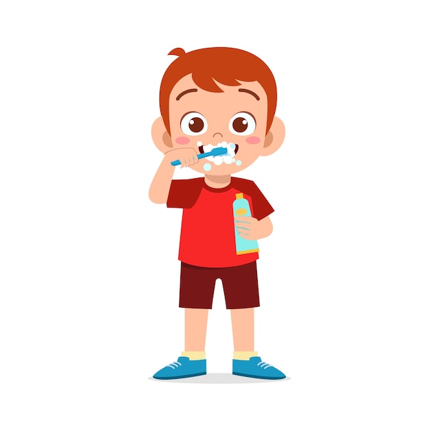 Cute little boy brushing teeth and holding toothpaste