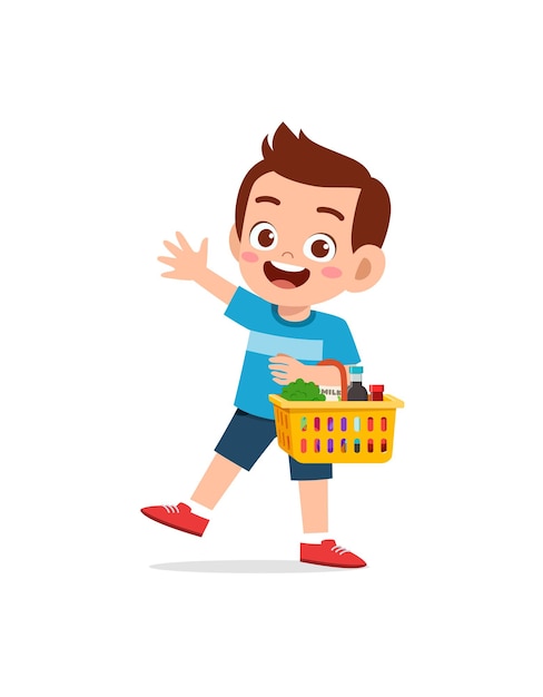 Cute little boy carry basket full of groceries