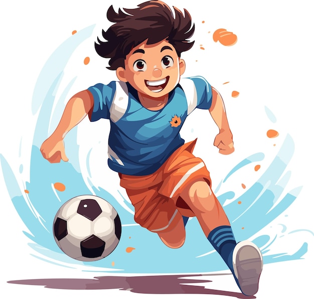 Cute Little Boy Cartoon Playing Football