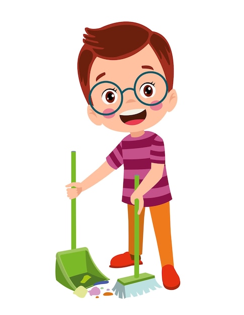 Cute little boy cleaning with broom and shovel