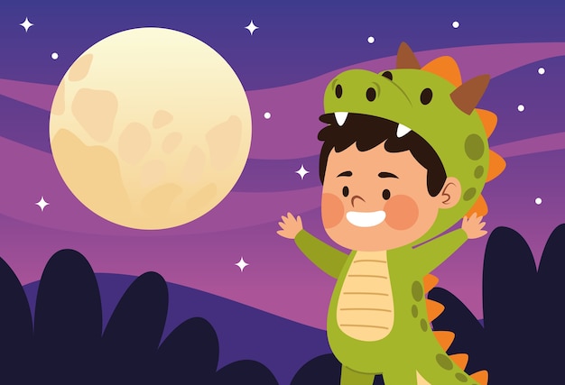 Cute little boy dressed as a dinosaur character and moon night vector illustration design