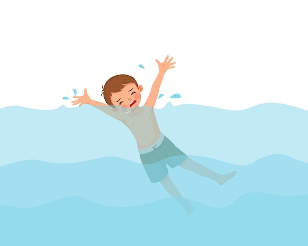 Vector cute little boy drowning in the swimming pool waving hands calling for help