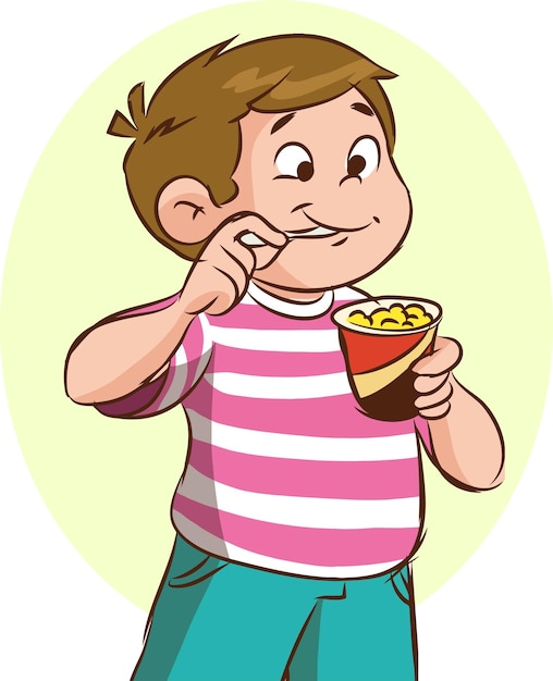 Vector cute little boy eats a snack cartoon vector