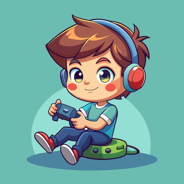 Cute Little Boy Gamer Playing Game With Joystick Cartoon Icon Vector Illustration